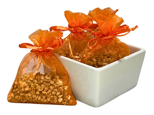 White Tea & Ginger handmade sachets in orange organza bags with ribbon ties, offering a warm spiced tea aroma with citrus and jasmine notes. Great as wedding shower favors, home fragrance for closets or drawers, or thoughtful herbal-inspired gifts. Listing is for ONE sachet.