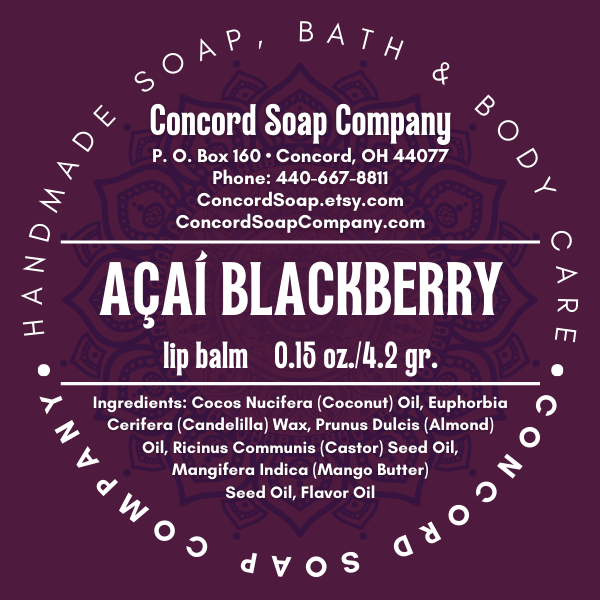 Product label for Açaí Blackberry lip balm by Concord Soap Company. The label is dark purple with a mandala-like background design.  It features the product name, weight (0.15 oz./4.2 gr.), ingredients (coconut oil, candelilla wax, almond oil, castor seed oil, mango butter, seed oil, flavor oil), and contact information. The text 'Handmade Soap, Bath & Body Care' is prominently displayed.