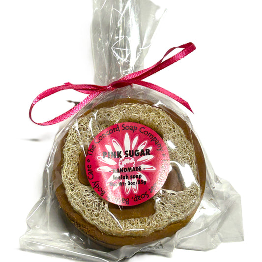 Pink Sugar Loofah Vegan Soap Bar – Handmade Cold Process, Stocking Stuffer, Exfoliating, 3 oz