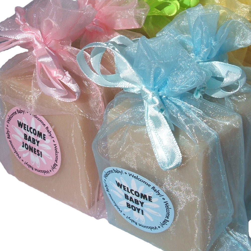 Handmade Baby Powder Soap in choice of pink, blue, green or yellow organza bag