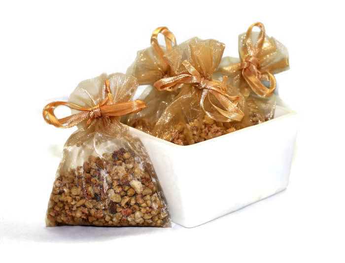 Almond Amaretto handmade sachets in beige champagne colored organza bags with ribbon ties, filled with fragrant botanicals for a sweet cherry-almond aroma. Ideal as scented wedding shower favors, closet or drawer fresheners, suitcase sachets, or thoughtful gifts. Listing is for ONE sachet.