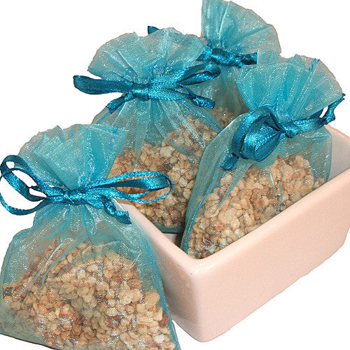 Eucalyptus and Spearmint handmade sachets in turquoise organza bags with matching ribbon ties, offering a refreshing minty fragrance. Perfect as wedding shower favors, home and closet fresheners, or to tuck into drawers for a cool, uplifting scent. Listing is for ONE sachet.