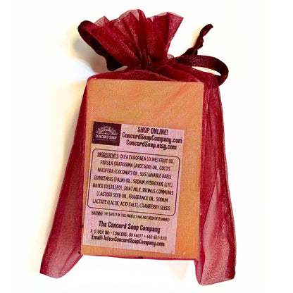 Back view of Cranberry soap in burgundy organza bag showing ingredient label.