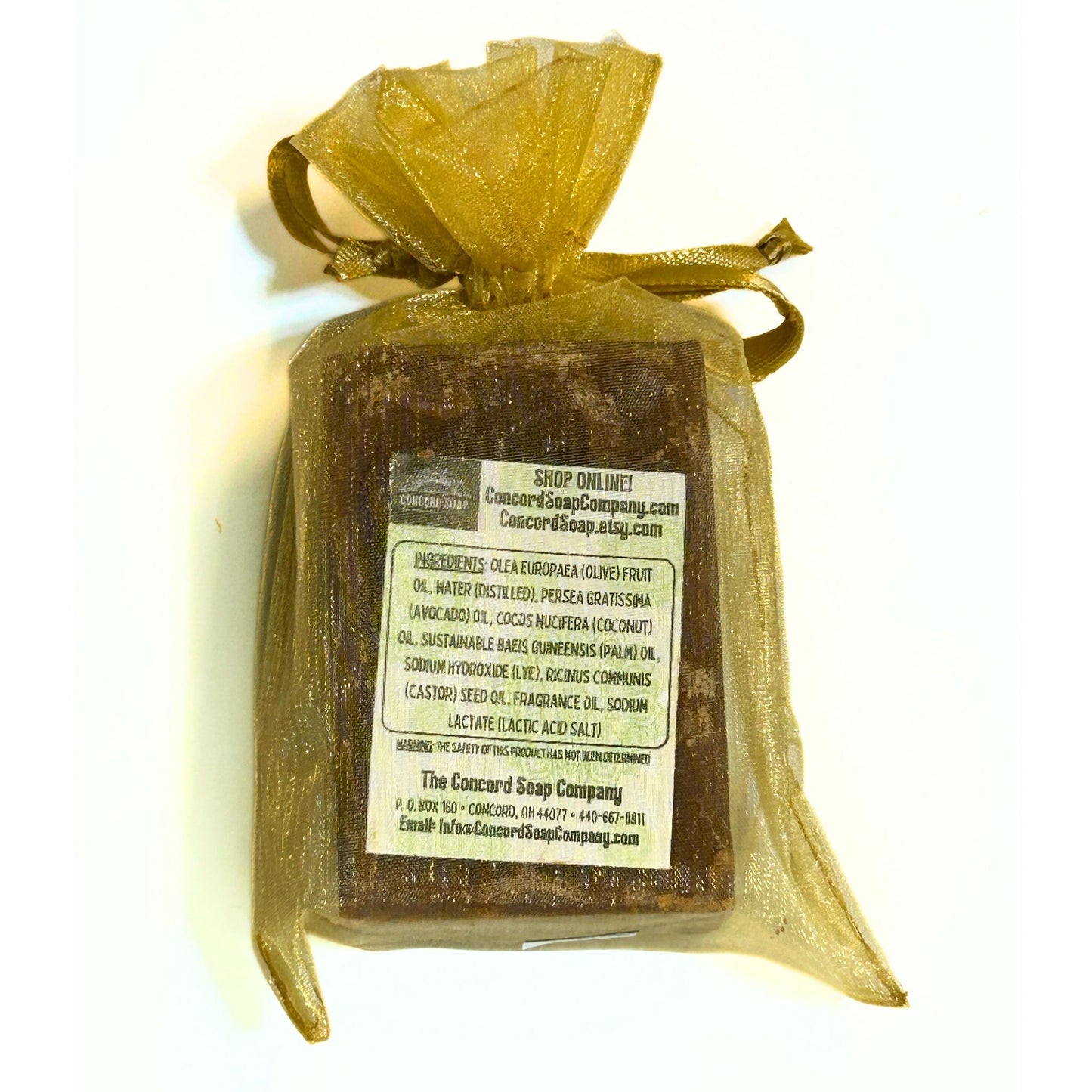 Flat lay view of the back of a single Vanilla Chai soap bar showing the ingredient list.