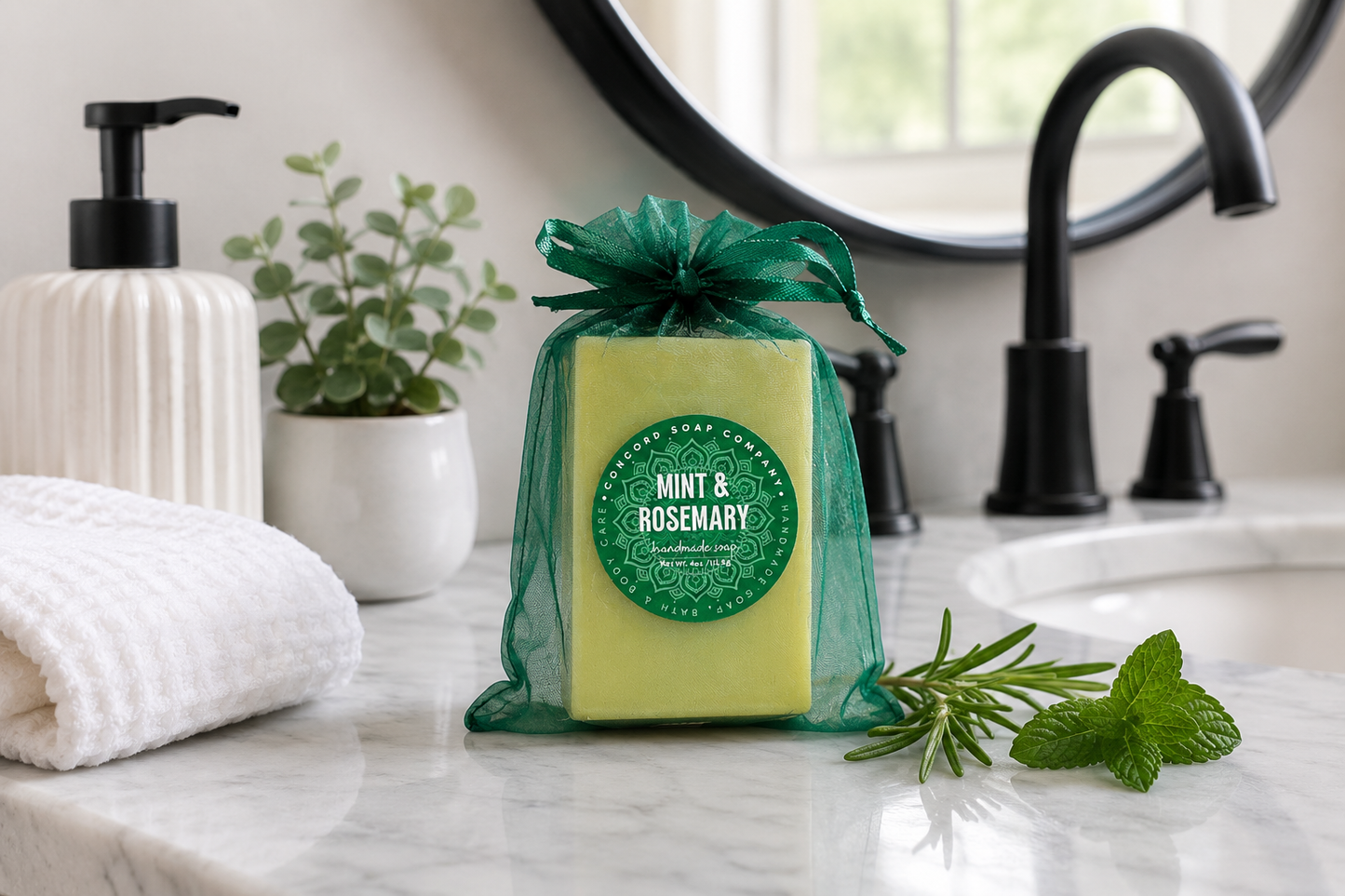 NEW Mint + Rosemary Soap Bar with Powdered Loofah – Exfoliating Handmade Cold Process, Scrubby Vegan Natural Soap, Minty Herb, Garden Lover Gift, 4 oz