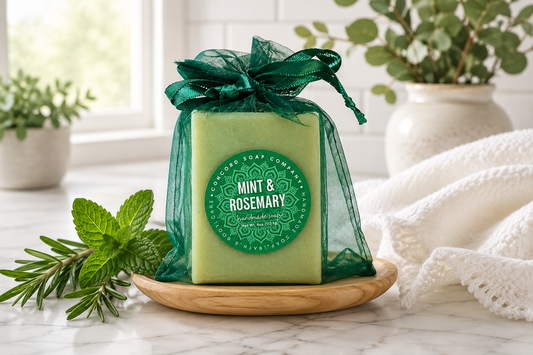 NEW Mint + Rosemary Soap Bar with Powdered Loofah – Exfoliating Handmade Cold Process, Scrubby Vegan Natural Soap, Minty Herb, Garden Lover Gift, 4 oz