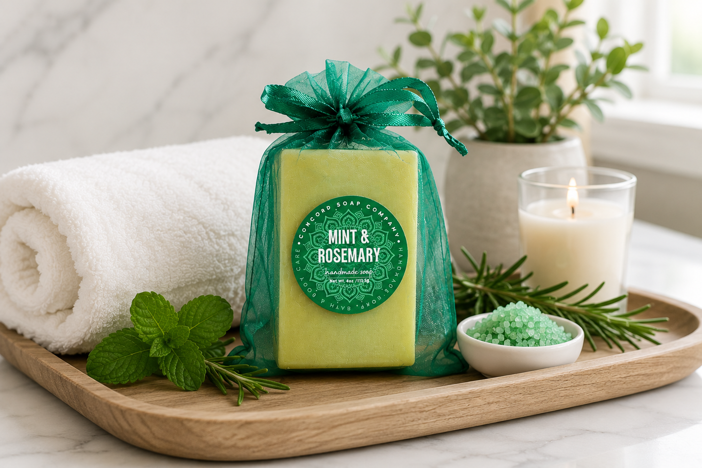 NEW Mint + Rosemary Soap Bar with Powdered Loofah – Exfoliating Handmade Cold Process, Scrubby Vegan Natural Soap, Minty Herb, Garden Lover Gift, 4 oz