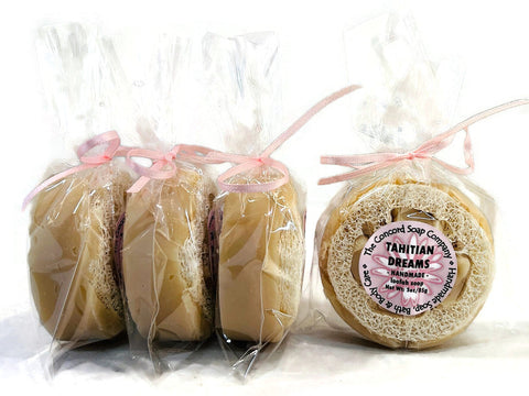 NEW Tahitian Dreams Handmade Loofah Soap Bar, 3 oz - exfoliating, luffa, floral scent, tiare flower, sustainable palm oil