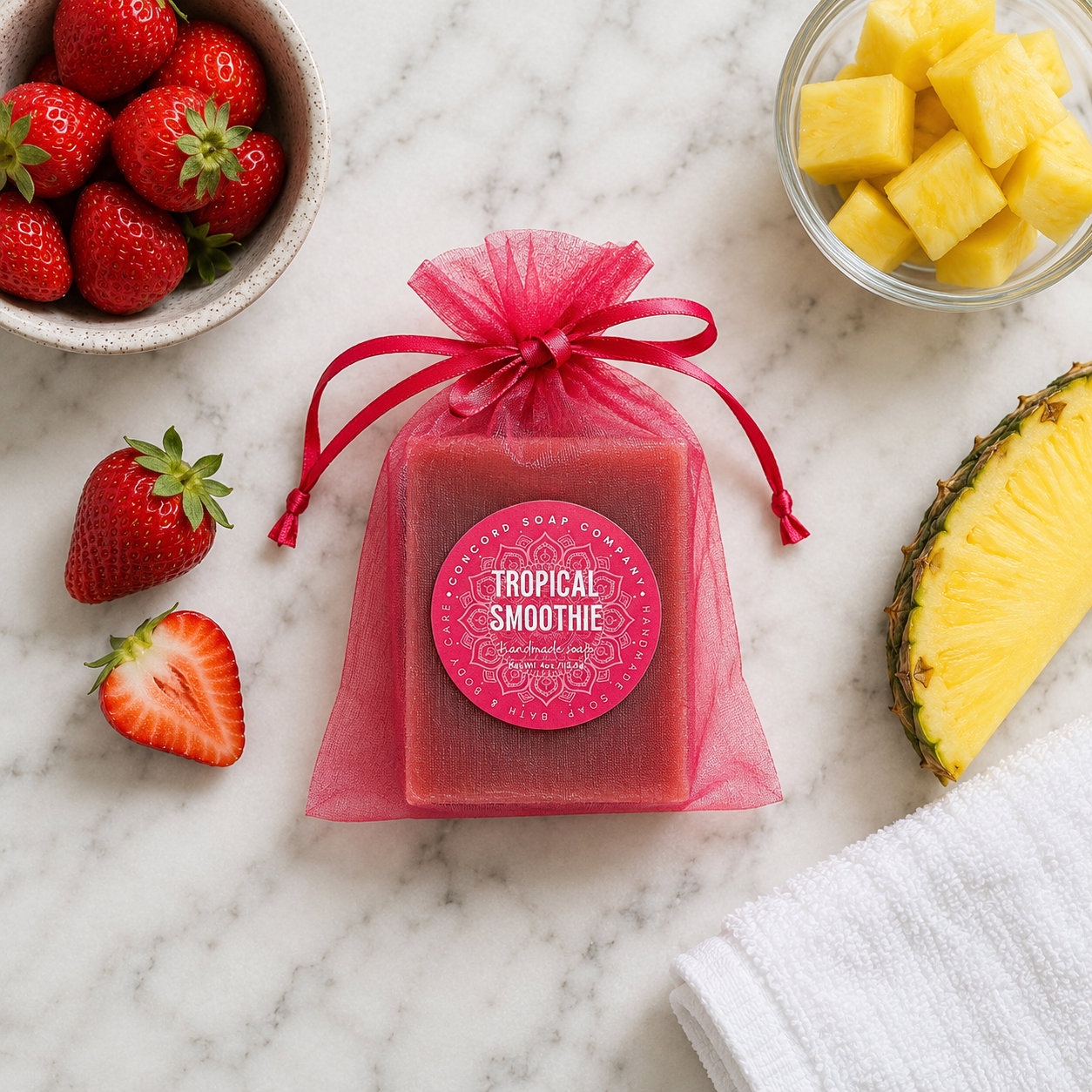 NEW Tropical Smoothie Vegan Soap Bar, Strawberry Coconut Banana, Natural Handmade Cold Process, Fruity Summer Scent, 4 oz