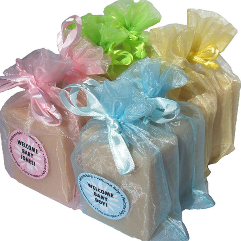 Handmade Baby Powder Soap in choice of pink, blue, green or yellow organza bag