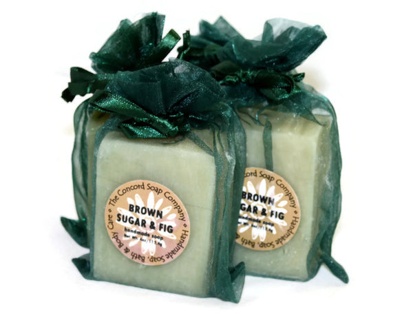 Handmade Brown Sugar and Fig Soap in hunter green organza bag