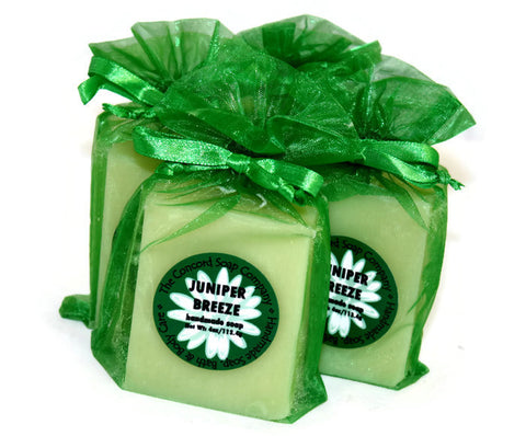 Handmade Juniper Breeze Soap in green organza bag