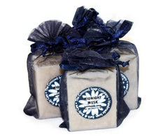 Handmade Midnight Musk Soap in navy blue organza bag