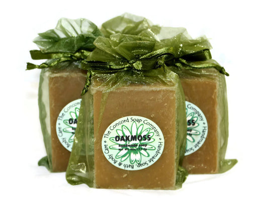 Handmade Oakmoss Soap in an olive green organza bag