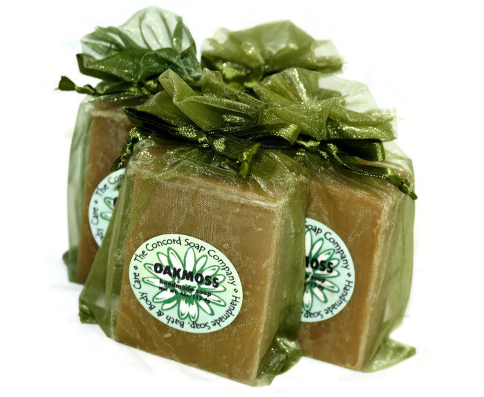 Handmade Oakmoss Soap in an olive green organza bag