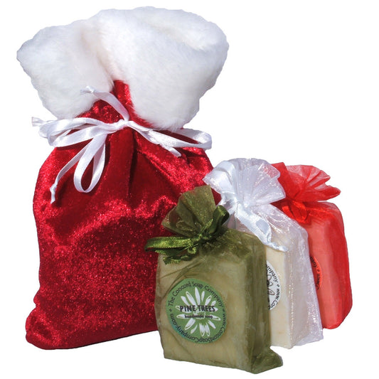 Red Velvet Bag with White Faux Fur filled with three bars of soap