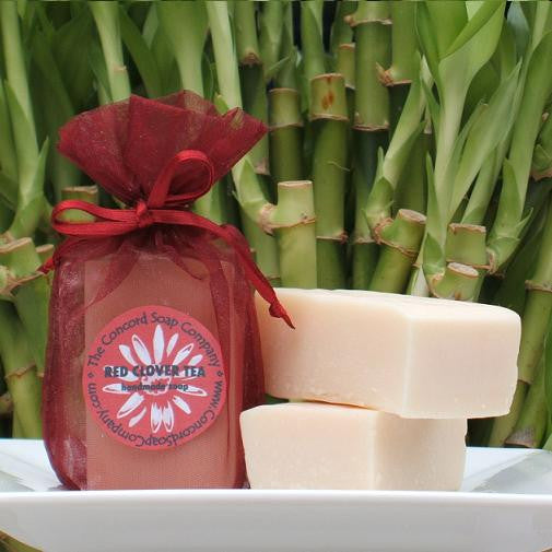 Handmade Red Clover Tea Soap in burgundy organza bag